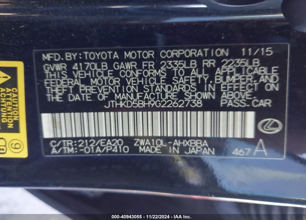 2016 LEXUS CT 200H VIN: JTHKD5BH9G2262738