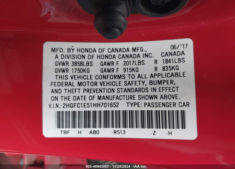 2017 HONDA CIVIC SI VIN: 2HGFC1E51HH701652