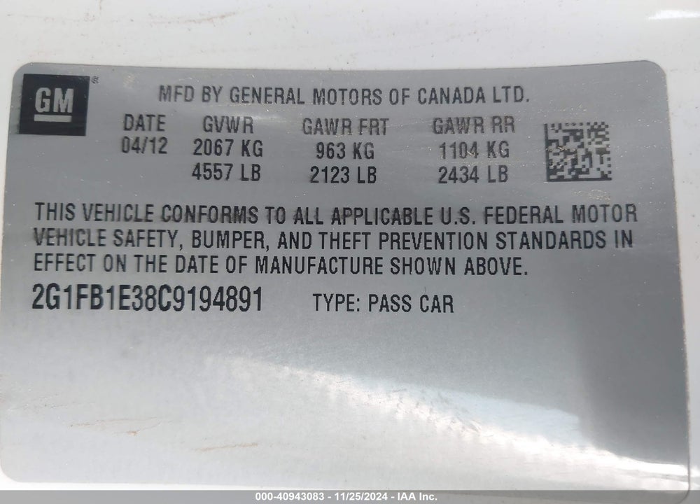 2012 CHEVROLET CAMARO 1LT VIN: 2G1FB1E38C9194891