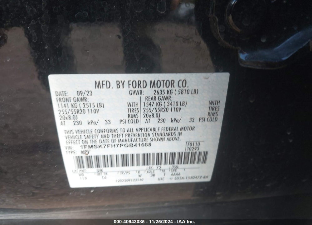 2023 FORD EXPLORER LIMITED VIN: 1FMSK7FH7PGB41668