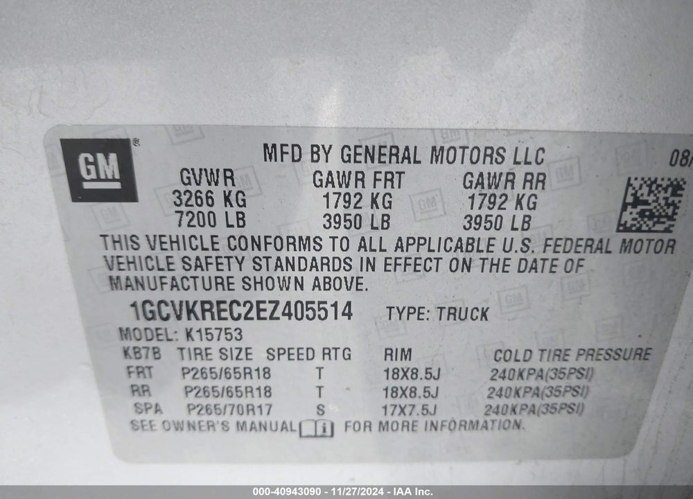 2014 CHEVROLET SILVERADO VIN: 1GCVKREC2EZ405514