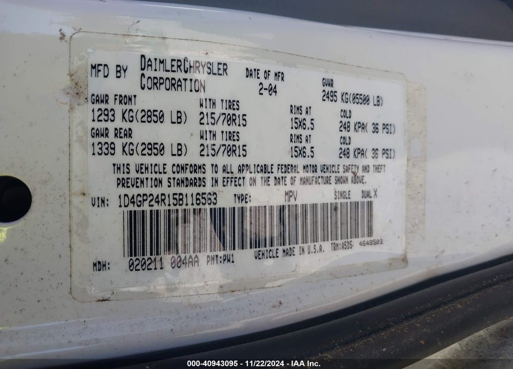 2005 DODGE GRAND CARAVAN SE VIN: 1D4GP24R15B116563