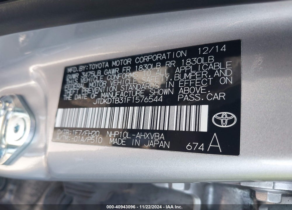2015 TOYOTA PRIUS C ONE VIN: JTDKDTB31F1576544