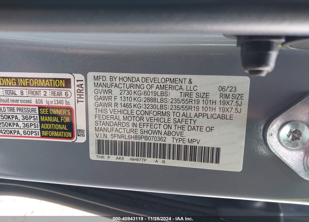 2023 HONDA ODYSSEY TOURING VIN: 5FNRL6H89PB070362