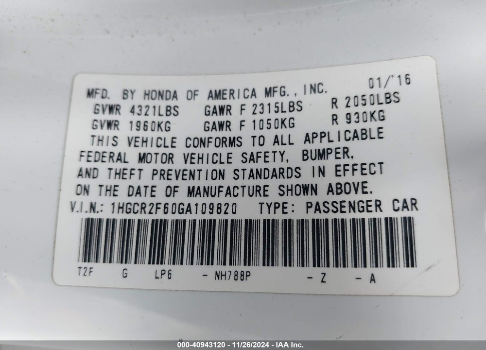 2016 HONDA ACCORD SPORT VIN: 1HGCR2F60GA109820