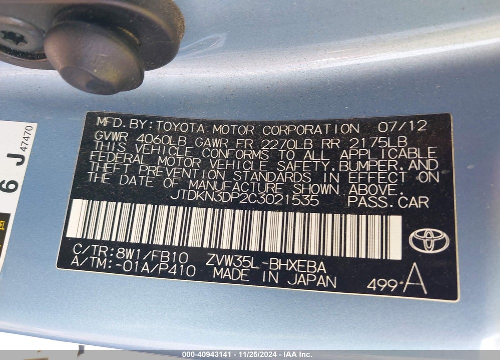 2012 TOYOTA PRIUS PLUG-IN VIN: JTDKN3DP2C3021535