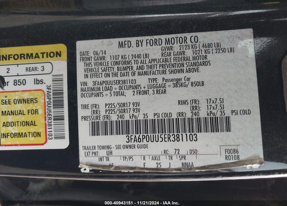 2014 FORD FUSION HYBRID S VIN: 3FA6P0UU5ER381103