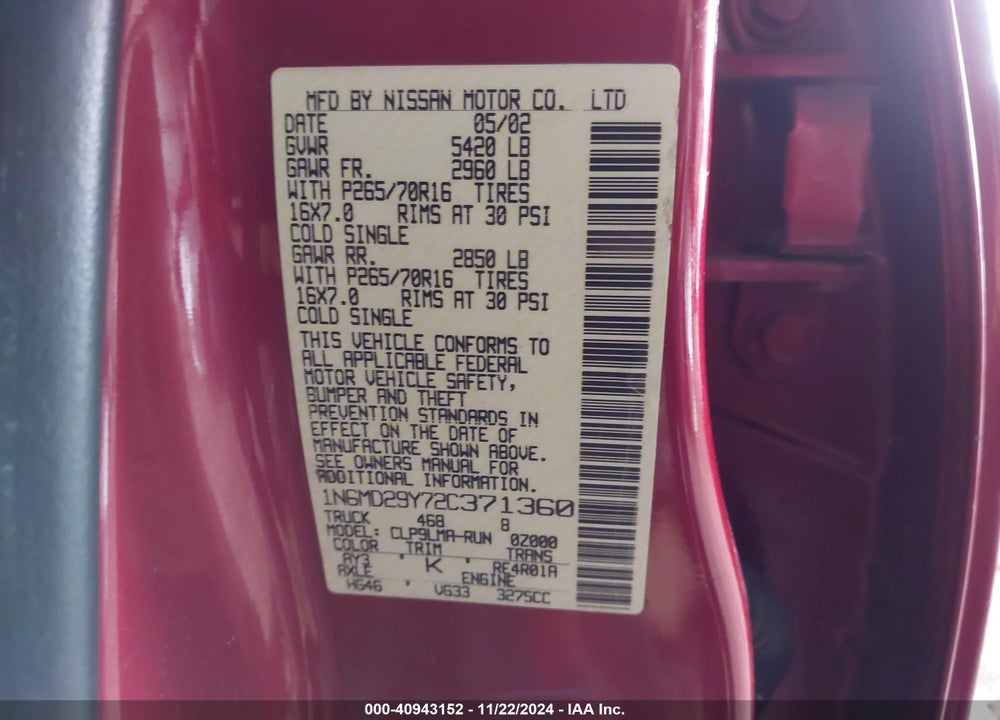 2002 NISSAN FRONTIER SVE-V6 VIN: 1N6MD29Y72C371360