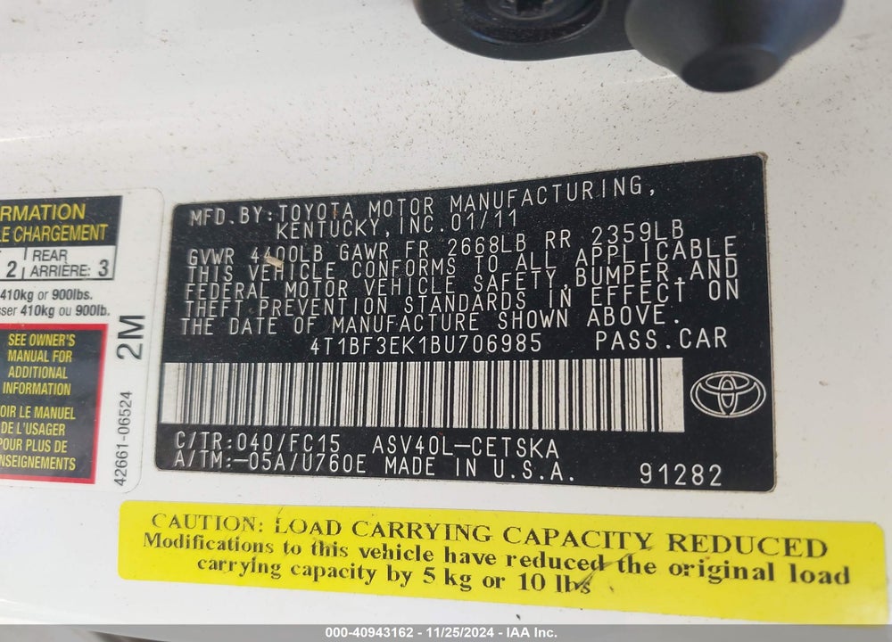 2011 TOYOTA CAMRY VIN: 4T1BF3EK1BU706985