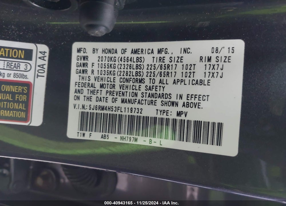 2015 HONDA CR-V EX VIN: 5J6RM4H53FL119732