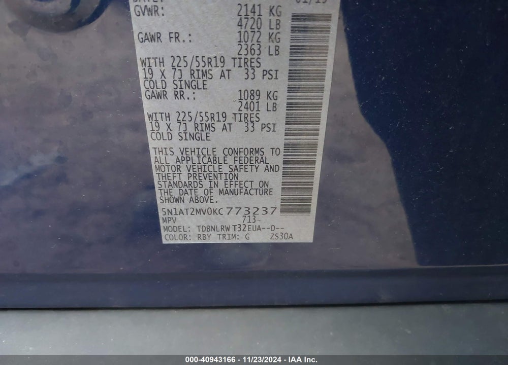 2019 NISSAN ROGUE SL VIN: 5N1AT2MV0KC773237