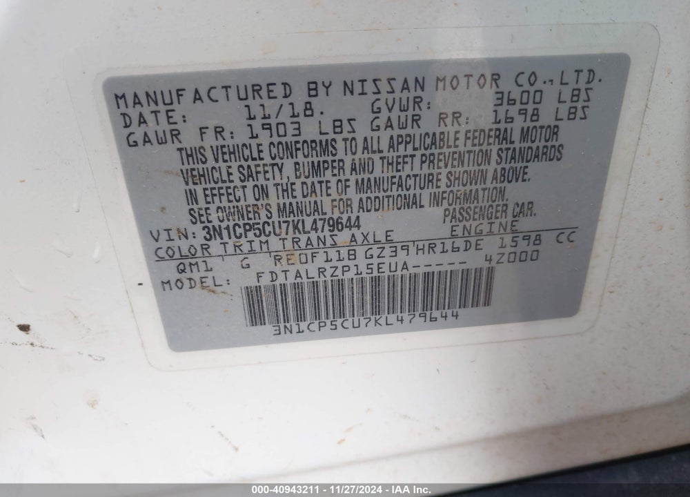 2019 NISSAN KICKS S VIN: 3N1CP5CU7KL479644