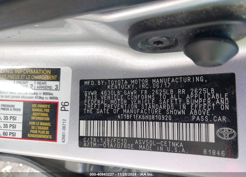 2017 TOYOTA CAMRY LE VIN: 4T1BF1FK6HU810920