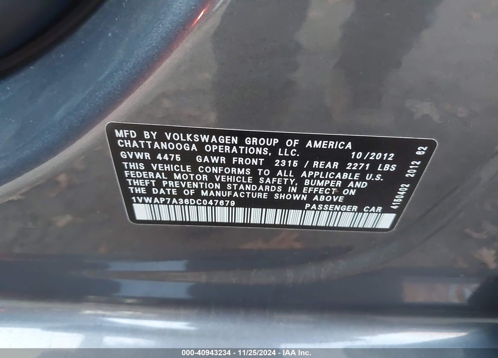 2013 VOLKSWAGEN PASSAT 2.5L S VIN: 1VWAP7A36DC047679