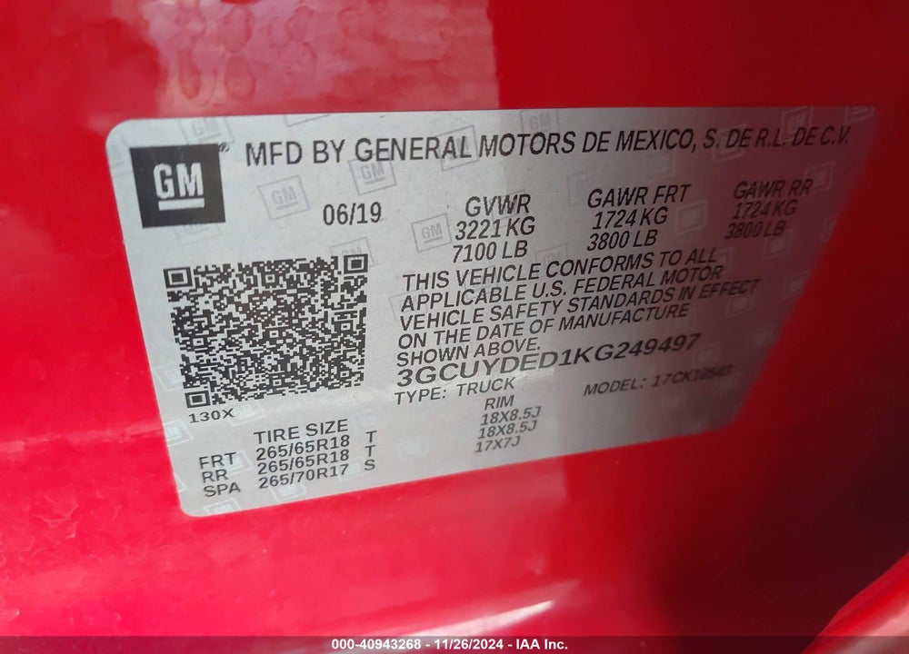 2019 CHEVROLET SILVERADO 1500 LT VIN: 3GCUYDED1KG249497