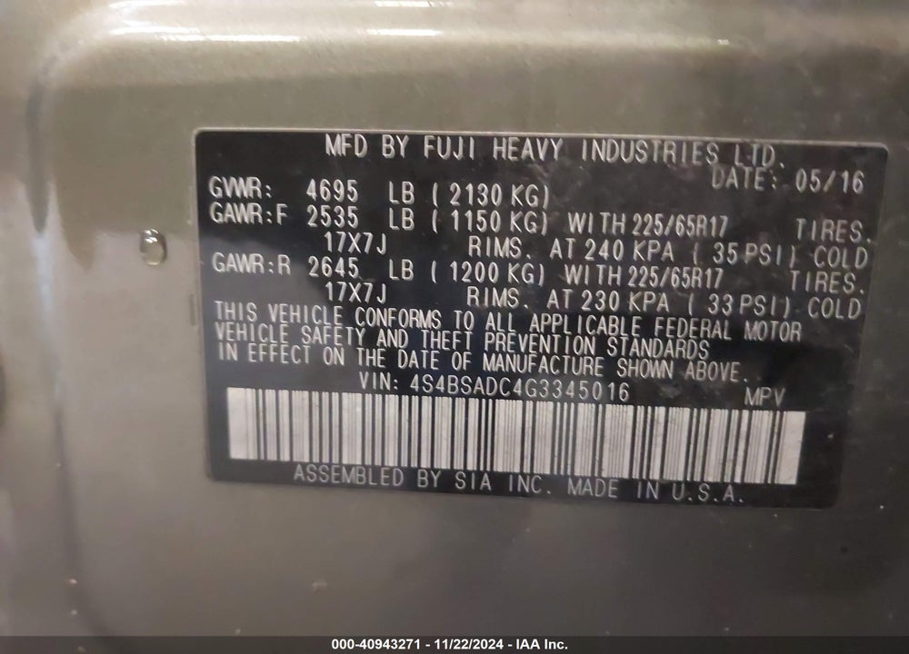 2016 SUBARU OUTBACK 2.5I PREMIUM VIN: 4S4BSADC4G3345016