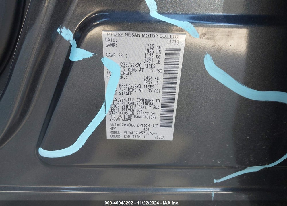 2014 NISSAN PATHFINDER PLATINUM VIN: 5N1AR2MN0EC648497