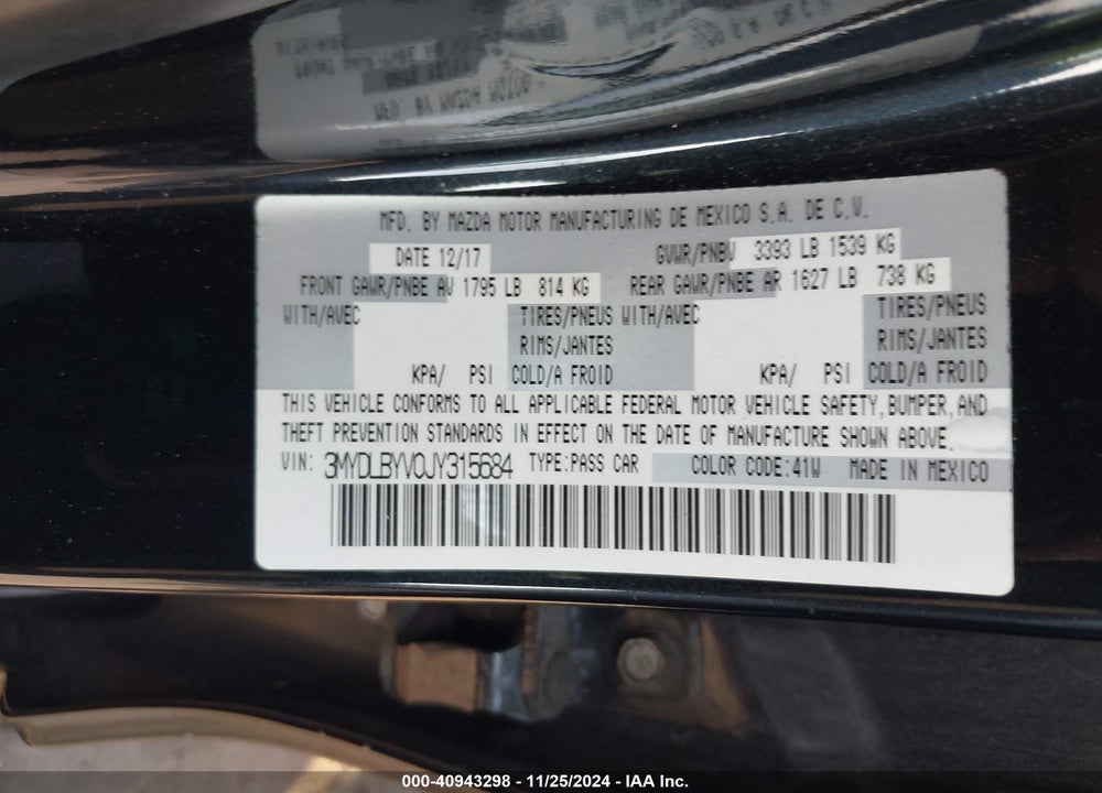 2018 TOYOTA YARIS IA VIN: 3MYDLBYV0JY315684