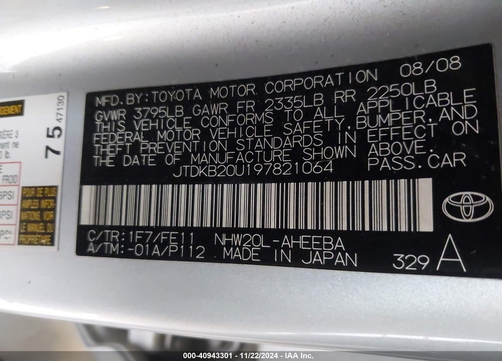 2009 TOYOTA PRIUS VIN: JTDKB20U197821064