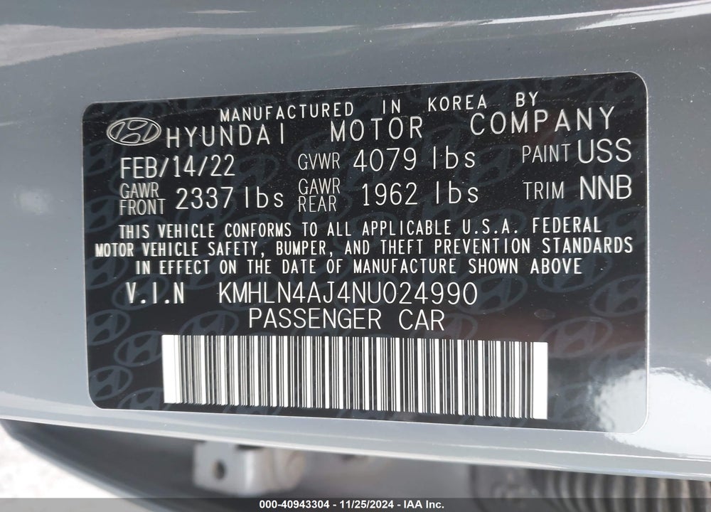 2022 HYUNDAI ELANTRA HYBRID LIMITED VIN: KMHLN4AJ4NU024990