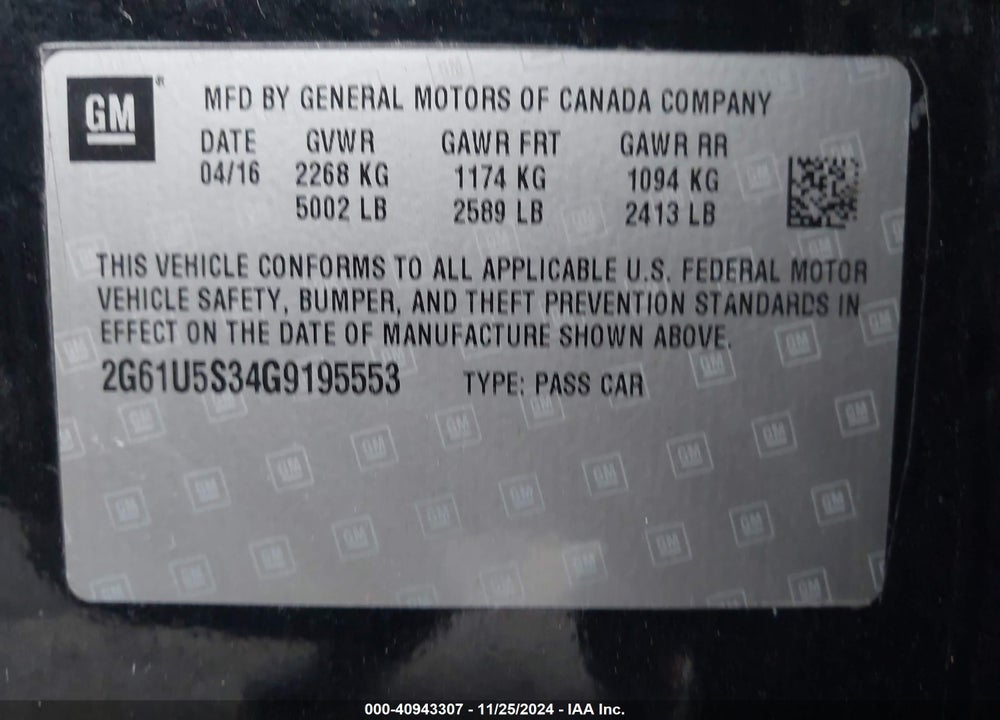 2016 CADILLAC XTS VIN: 2G61U5S34G9195553