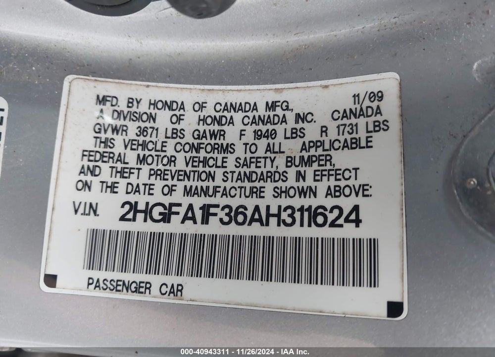 2010 HONDA CIVIC VP VIN: 2HGFA1F36AH311624