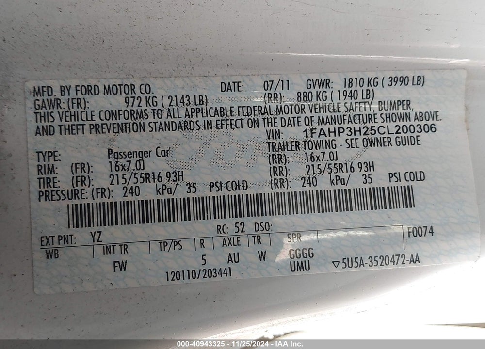 2012 FORD FOCUS SEL VIN: 1FAHP3H25CL200306