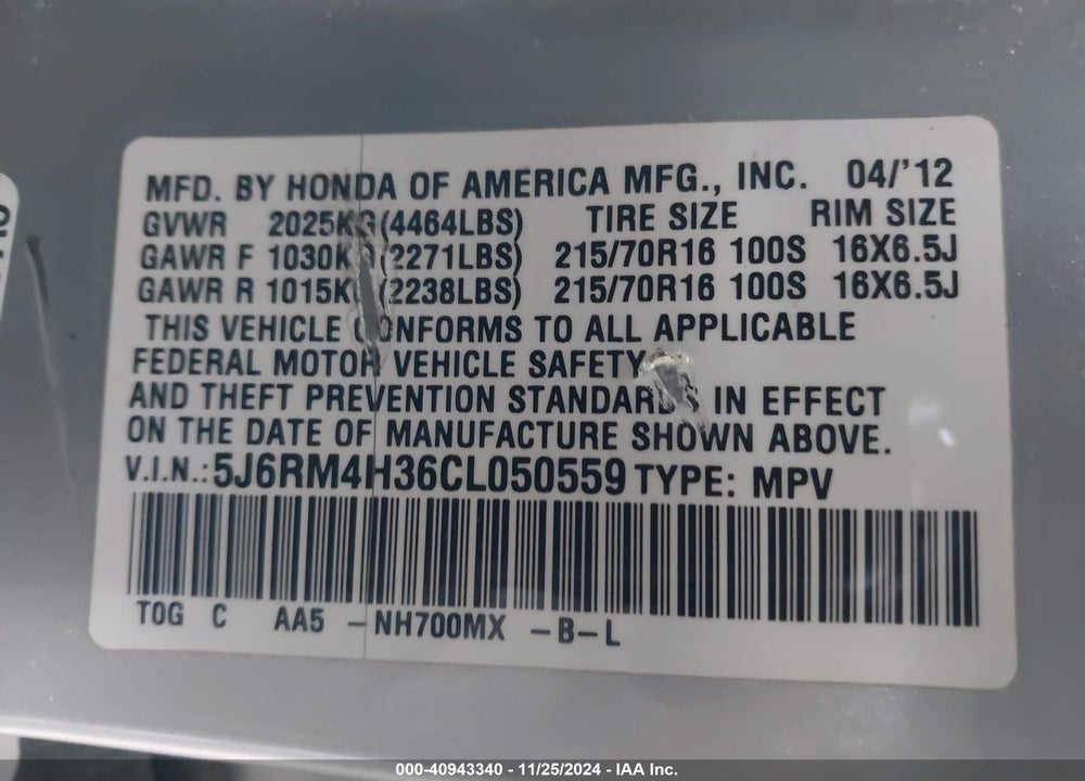 2012 HONDA CR-V LX VIN: 5J6RM4H36CL050559