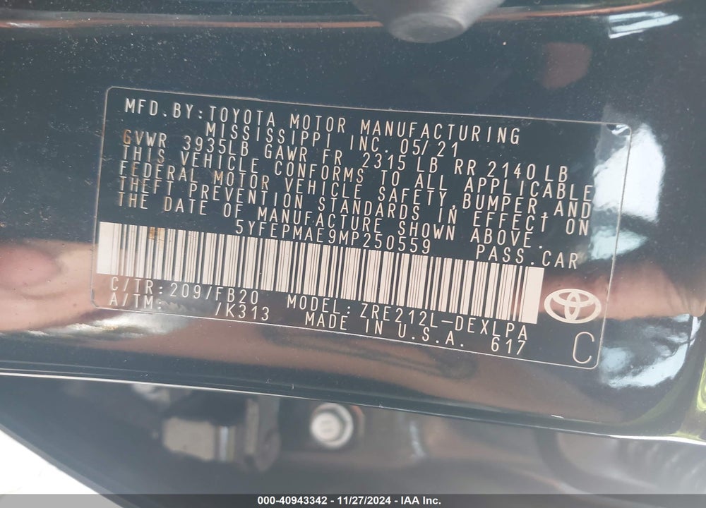 2021 TOYOTA COROLLA VIN: 5YFEPMAE9MP250559