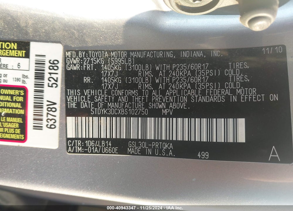 2011 TOYOTA SIENNA XLE V6 VIN: 5TDYK3DCXBS102750