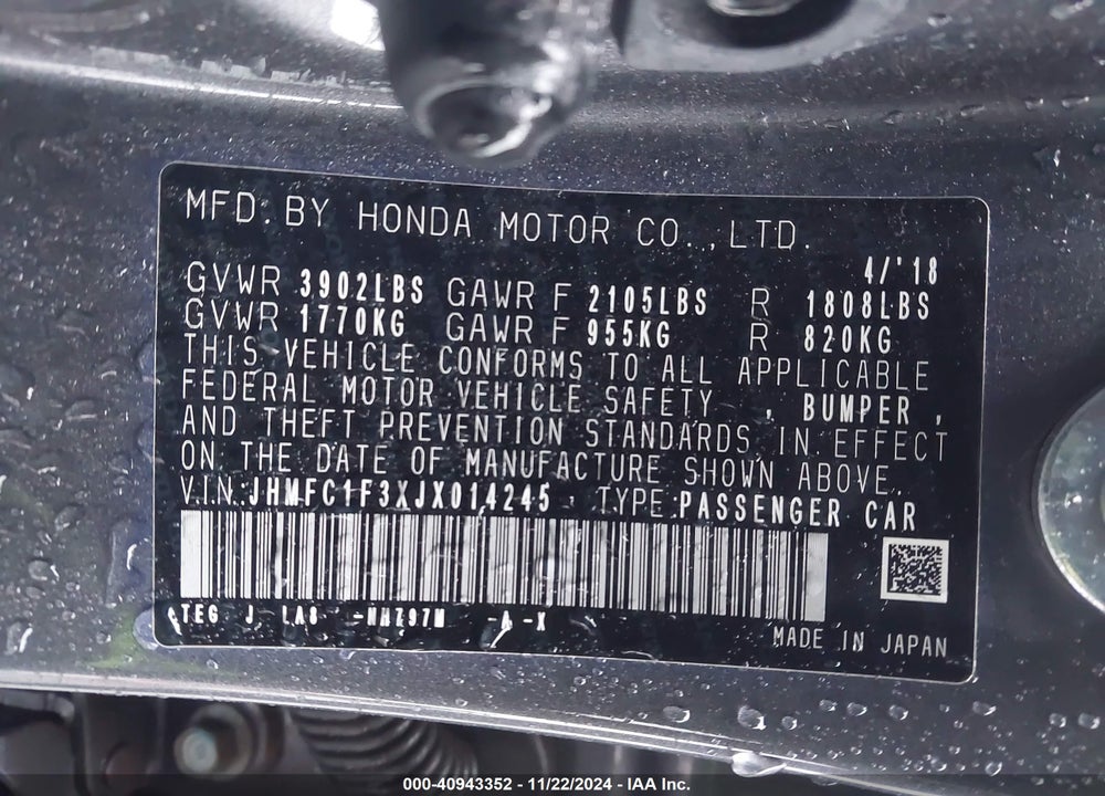 2018 HONDA CIVIC EX-T VIN: JHMFC1F3XJX014245