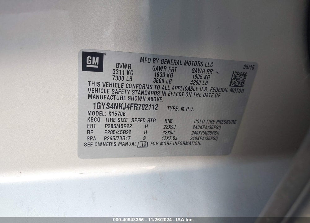 2015 CADILLAC ESCALADE PREMIUM VIN: 1GYS4NKJ4FR702112
