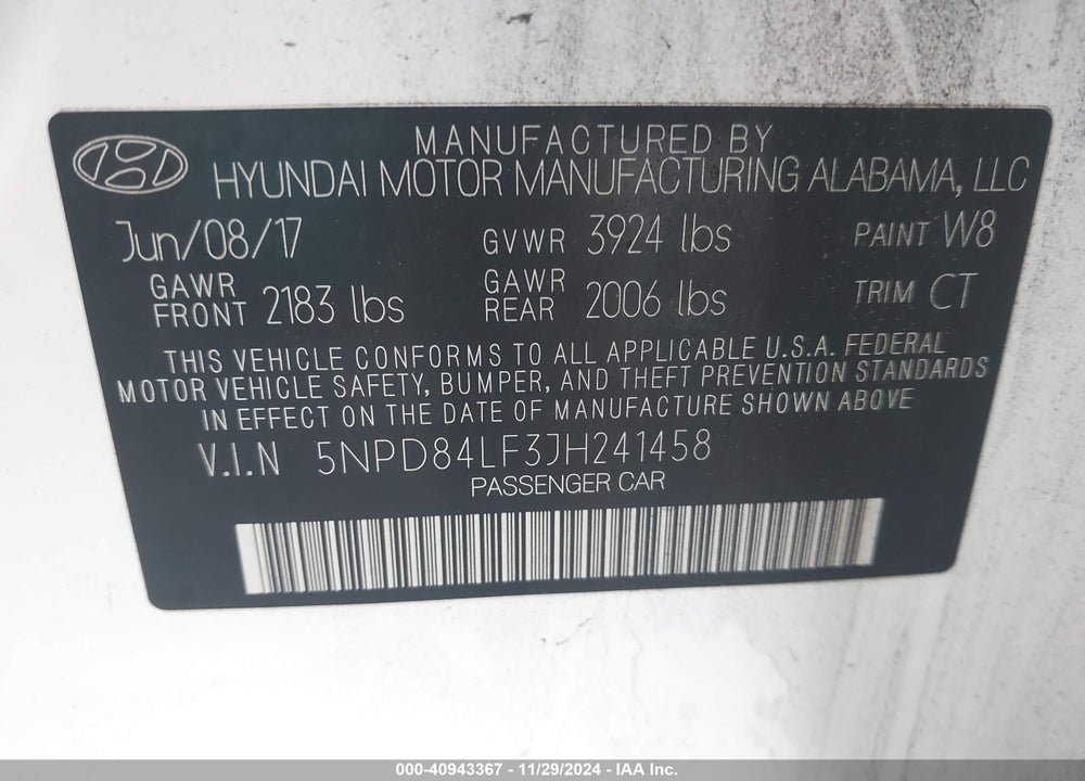 2018 HYUNDAI ELANTRA VIN: 5NPD84LF3JH241458