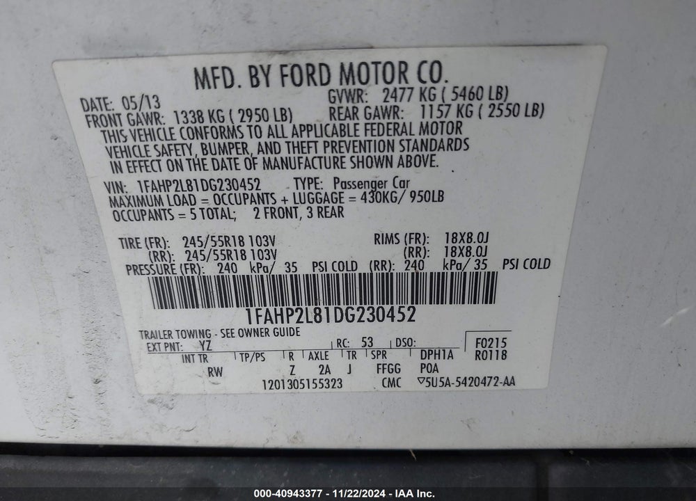 2013 FORD POLICE INTERCEPTOR VIN: 1FAHP2L81DG230452