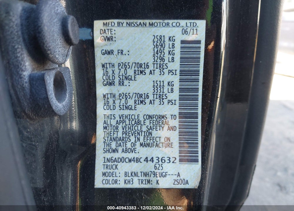 2011 NISSAN FRONTIER SV VIN: 1N6AD0CW4BC443632
