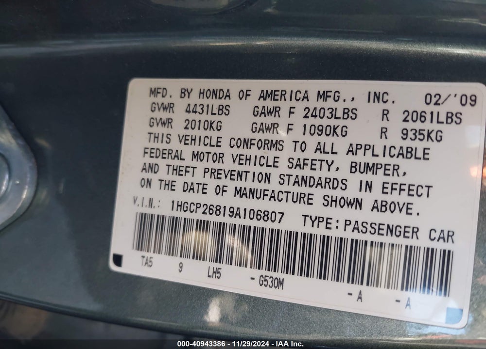 2009 HONDA ACCORD 2.4 EX-L VIN: 1HGCP26819A106807