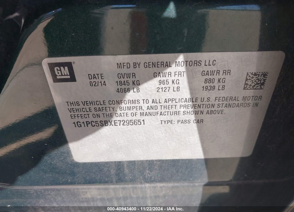 2014 CHEVROLET CRUZE 1LT AUTO VIN: 1G1PC5SBXE7295651