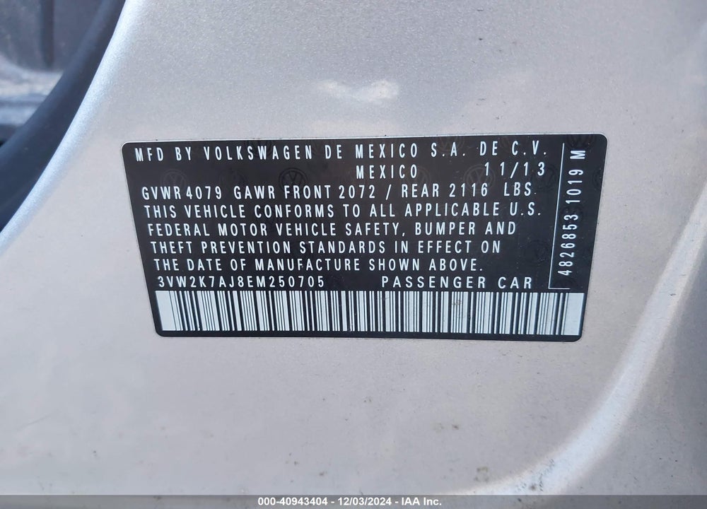2014 VOLKSWAGEN JETTA VIN: 3VW2K7AJ8EM250705