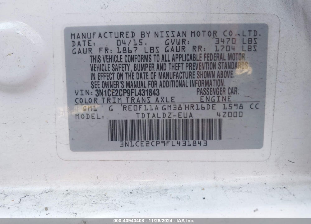 2015 NISSAN VERSA NOTE SV VIN: 3N1CE2CP9FL431843