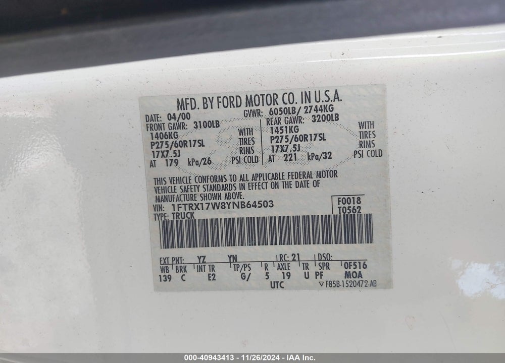 2000 FORD F-150 LARIAT/WORK SERIES/XL/XLT VIN: 1FTRX17W8YNB64503