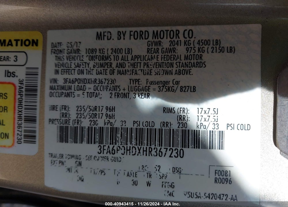 2017 FORD FUSION SE VIN: 3FA6P0HDXHR367230