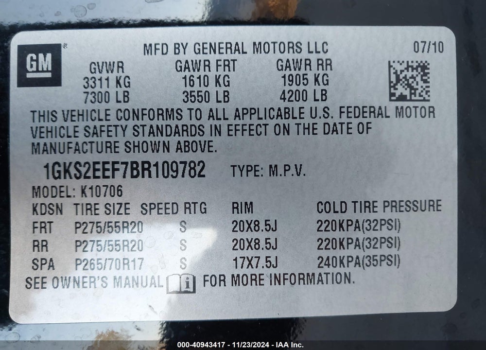 2011 GMC YUKON DENALI VIN: 1GKS2EEF7BR109782