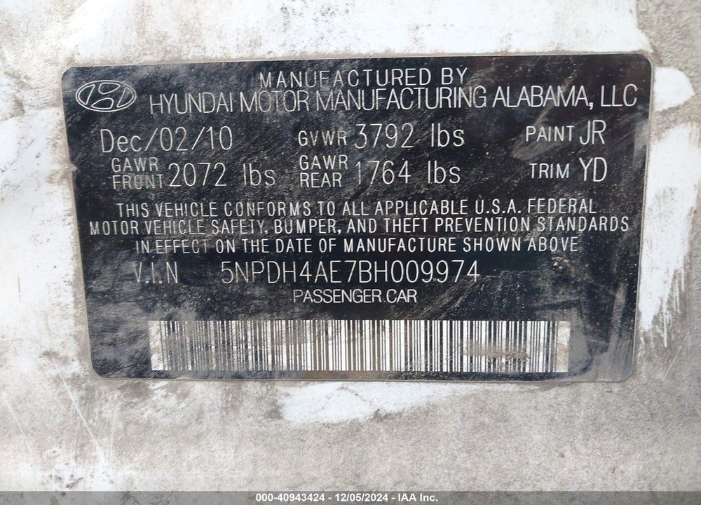 2011 HYUNDAI ELANTRA GLS VIN: 5NPDH4AE7BH009974