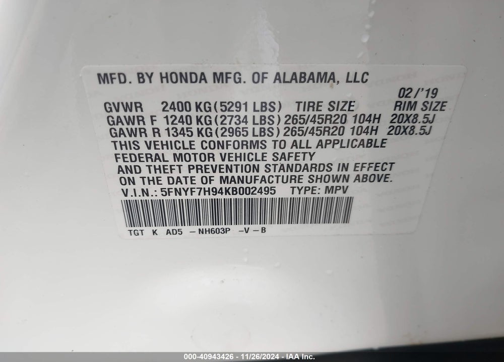 2019 HONDA PASSPORT TOURING VIN: 5FNYF7H94KB002495