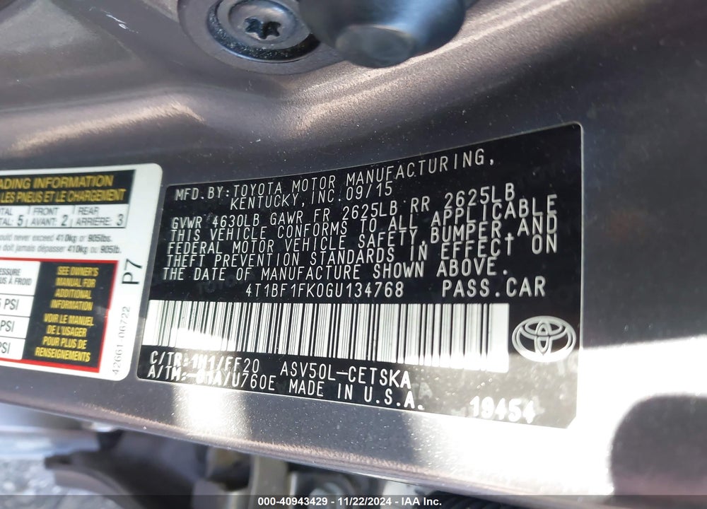 2016 TOYOTA CAMRY SE VIN: 4T1BF1FK0GU134768
