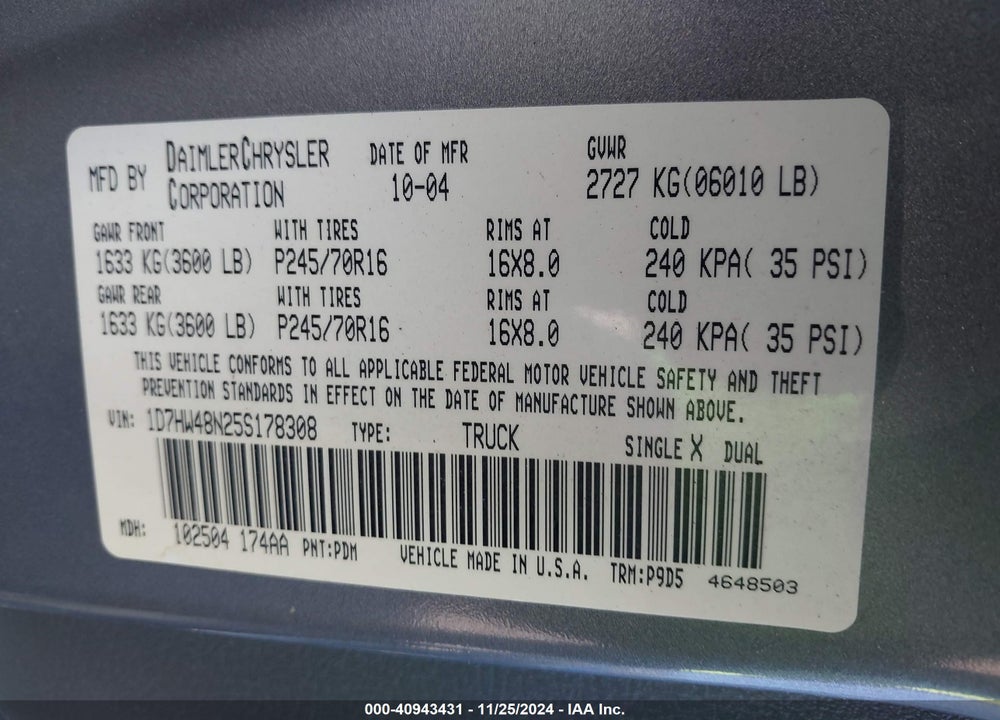 2005 DODGE DAKOTA SLT VIN: 1D7HW48N25S178308