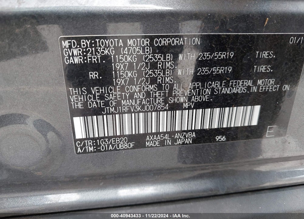 2019 TOYOTA RAV4 ADVENTURE VIN: JTMJ1RFV3KJ007854