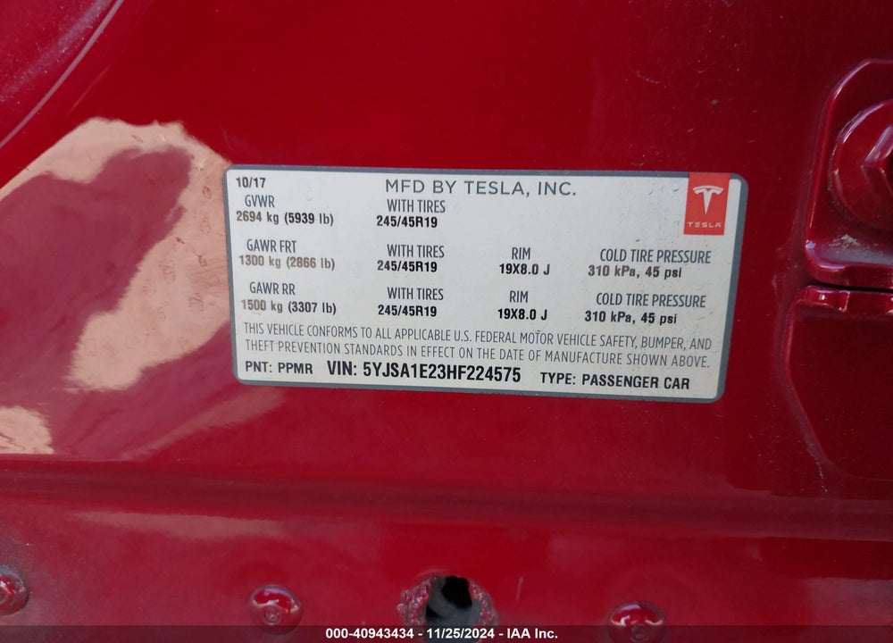 2017 TESLA MODEL S 100D/60D/75D/90D/P100D VIN: 5YJSA1E23HF224575