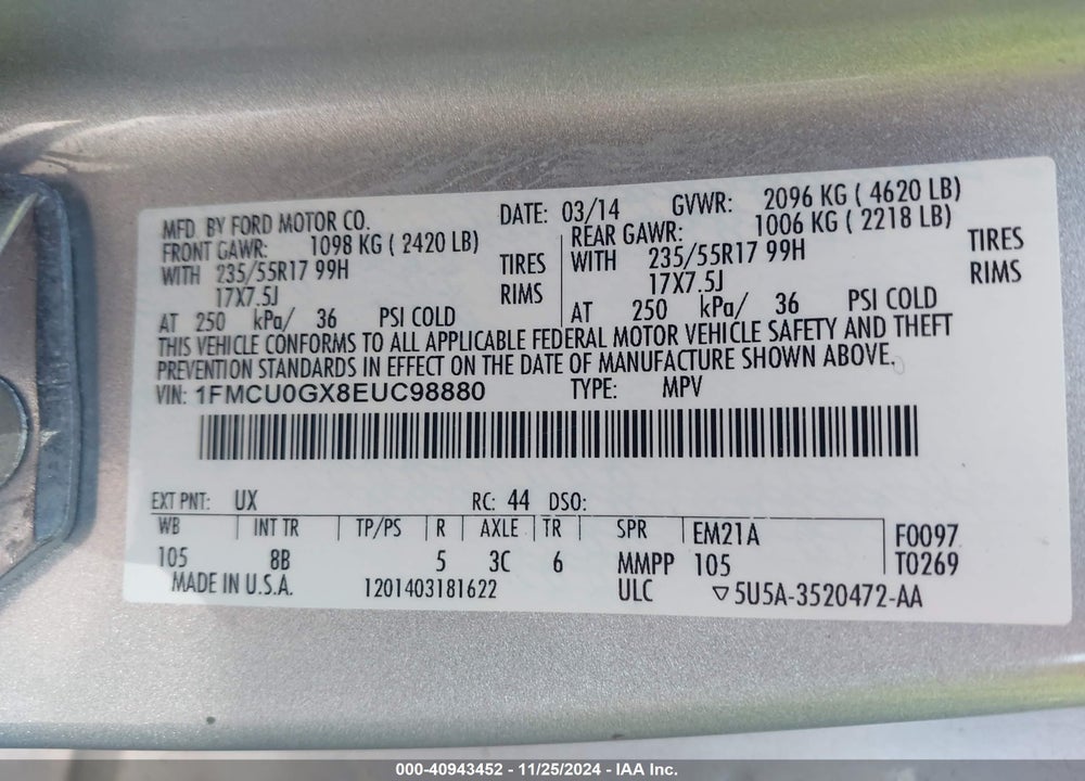 2014 FORD ESCAPE SE VIN: 1FMCU0GX8EUC98880