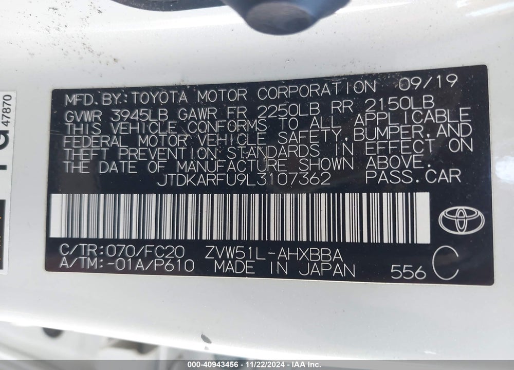 2020 TOYOTA PRIUS L ECO VIN: JTDKARFU9L3107362